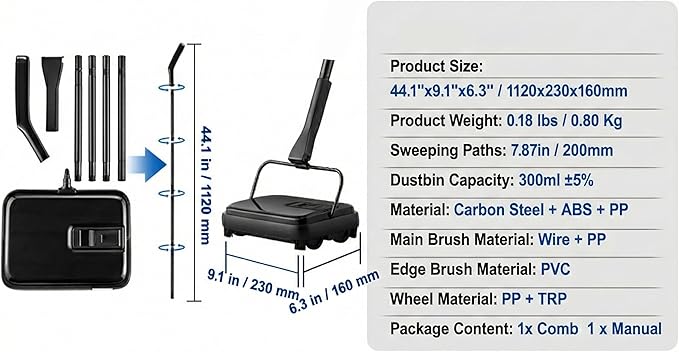 Manual Carpet Sweeper, Electric-Free Quiet Floor Sweeper with 300ml Easy-Empty Dustbin, 6.7” Cleaning Width for Pet Hair, Crumbs, Dust on Carpets, Hardwood, Tile - Home & Office Use (Black)