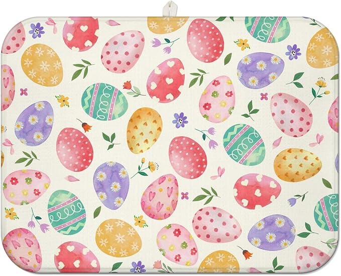Easter Dish Drying Mat for Kitchen Counter,Happy Easter Cute Bunny Microfiber Drying Mat,Washable Absorbent Kitchen Countertop Dish Mat Drain Pad 18×24 Inch