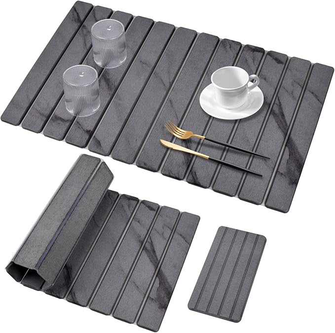 2 PCS Extra Large Stone Dish Drying Mat for Kitchen Counter, 28"×16" Marble Dish Drying Mat with 8"x 4" Coasters, Non - Slip Collapsible Absorbent Stone Dish Drying Mat for Multi - Purpose