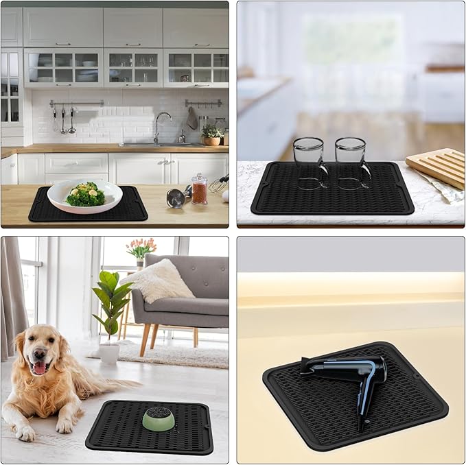 ZLR Large Silicone Dish Drying Mat (16" x 18") - XL Heavy Duty Drainboard Mat for Pots, Pans & Family Loads - Heat Resistant Trivet & Counter Protector, Easy Clean (Black)