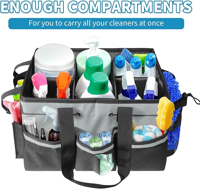 Cleaning Tool Organizer Bag with Handles | Large Waterproof Cleaning Caddy, 17.8x12.2x9.3in | Detachable Shoulder Strap & Dividers | for Car Detailing, Housekeeping, Cleaners (Grey)
