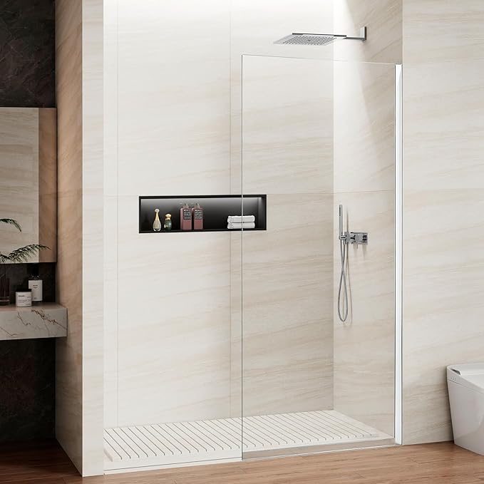 Shower Screen 34" x 74" Half Frameless Shower Wall Panel, Tempered Glass 3/8 inch, Easy to Clean Coating, Fixed Glass Shower Door with Hardware (Chrome)