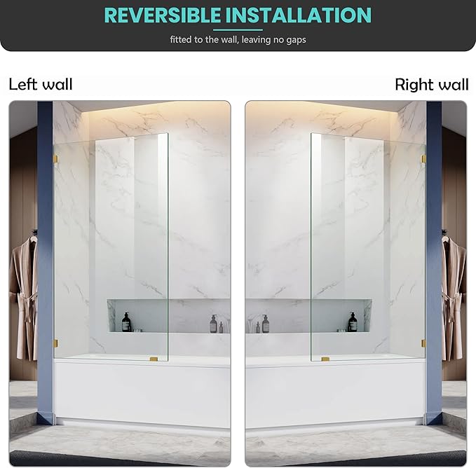 34" W x 58" H Frameless Single Fixed Bath Panel, Fixed Bathtub Screen with Clamps, 1/4" Clear Glass, Bathroom Shower Door Screen Fixed Tub Shower Glass Door Panel in Brushed Gold