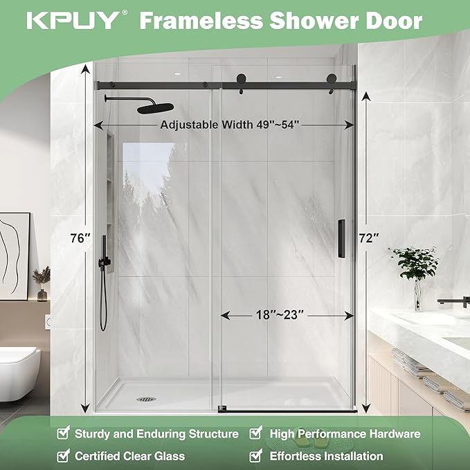 KPUY Frameless Shower Door, 49-54" W x 76" H Sliding Glass Shower Door, 1/4" (6mm) Thick Tempered Clear Glass with Explosion-Proof Film Nano Coating in Matte Black Finish