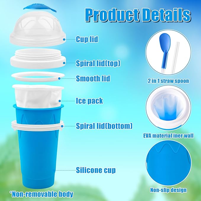 2 Pack Slushy Cup with Cleaning Brush Set - DIY Quick Freeze Squeeze Cup with Lid, Straw Spoon, Slushie Maker for Milk Juice Smoothies, Summer Gift for Kids Family Friends (Blue+Pink)