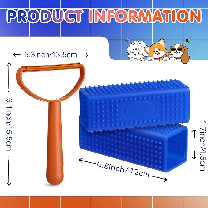 Honeydak 3 Pieces Hair Remover Tool Dog Hair Remover Pro Silicone Cleaner Brush Roller Fuzz Hairball Brush for Carpet Rake, Car Mat, Couch, Pet Bed, Clothes(Blue, Orange)