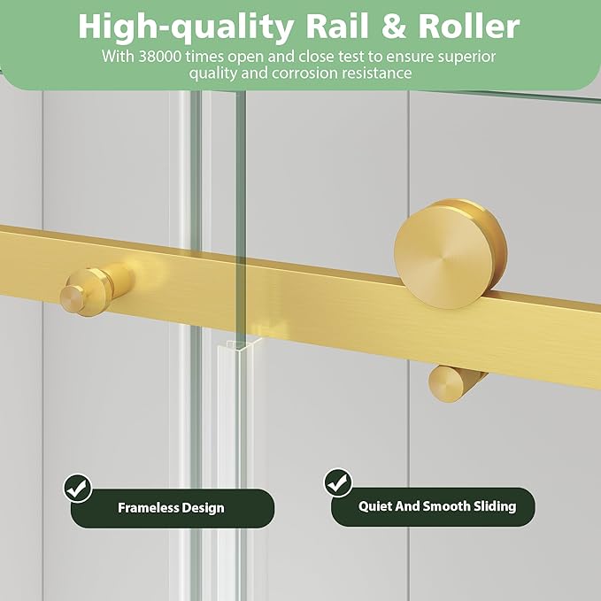 KPUY Frameless Shower Door, 55-60" W x 76" H Sliding Glass Shower Door, 1/4" (6mm) Thick Tempered Clear Glass with Explosion-Proof Film Nano Coating, Brushed Gold