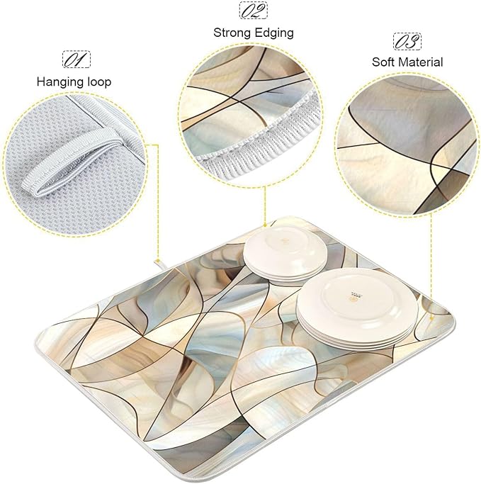 Abstract Stained Glass Pattern Dish Drying Mat for Kitchen Counter Absorbent Microfiber Drying Pad, Large 18x24 in
