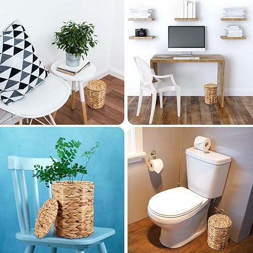 Ctosree 1.3 Gallons Small Trash Can with Lid Handle Boho Woven Braided Bathroom Waste Basket Trash Can with 100 Garbage Bags for Bedroom Office Laundry (Natural,Braided Wicker,Round)
