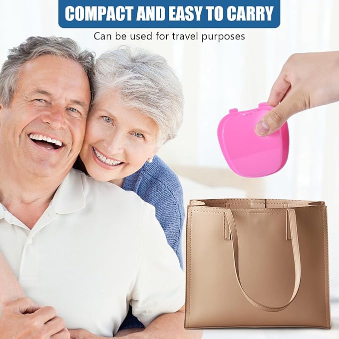 2 Pack Denture Bath Case Cup Box Holder Storage Container with Denture Cleaner Brush Strainer Basket for Travel Cleaning (Pink and Purple)