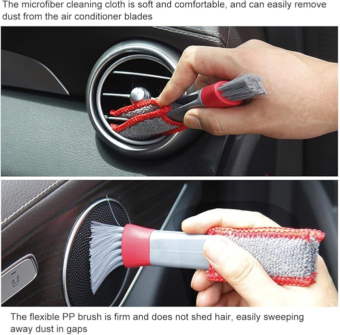 2 PCS Mini Duster for Car Air Vent, Double Ended Automotive Air Vent Microfiber Duster & Brush, Dust Collector Cleaner for Keyboard Window Leaves Shutter, Car Accessories (Red & Gray)