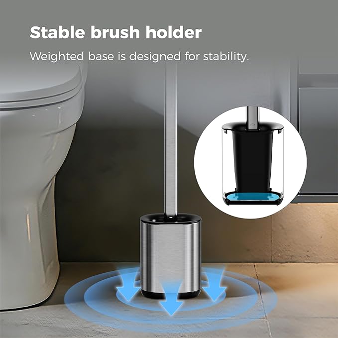 Silicone Toilet Brush Holder Set,TPR Toilet Bowl Brush with Long Stainless Steel Handle and Flexible Bristles,Deep Cleaning & No-Scratch Toilet Scrubber, Sleek Toilet Brush with Weighted Base (2, SS)