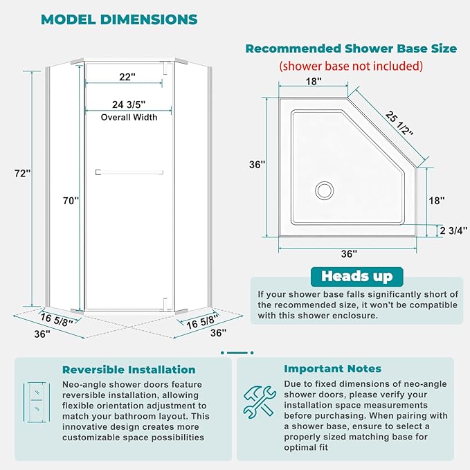 36" D x 36" W x 72" H Neo-Angle Frameless Shower Door, 1/4” (6MM) SGCC Tempered Glass with Explosion-Proof Film and Nano Coating, Brushed Nickel Stainless Steel Frame