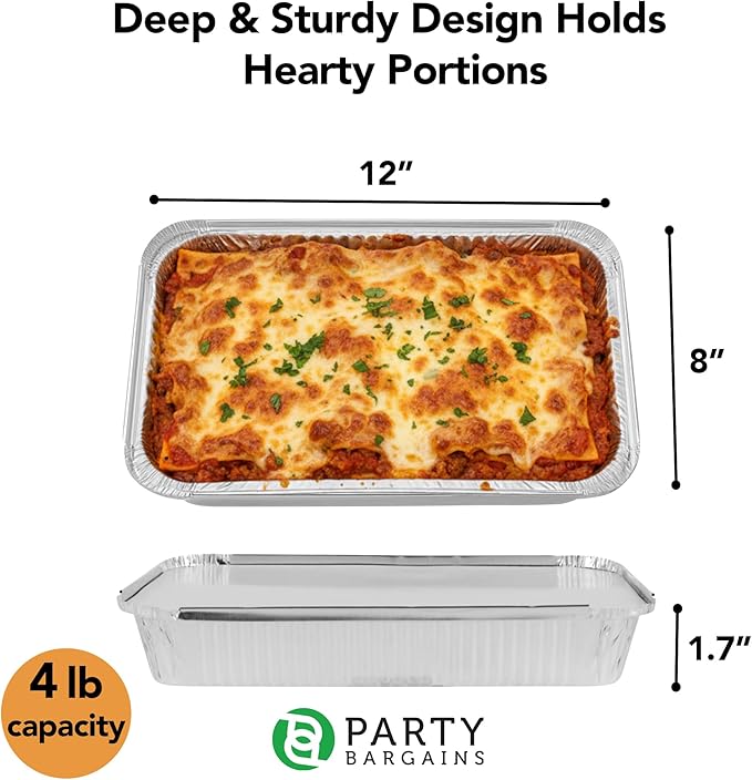 PARTY BARGAINS 4 lb Aluminum Pans with Board Lids, 50 Pack – 12 x 8 in Disposable Foil Roasting & Steam Table Pans for Catering, Takeout, Meal Prep, Oven Safe up to 240°C