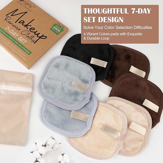 Orighty Makeup Remover Cloths 7-Day Set, Premium & Reusable Makeup Remover Pads, Erase Make-up With Just Water, Make-up Set For Eyes, Lips, Foundation and more, Ideal Choice For Women (Neutrals)