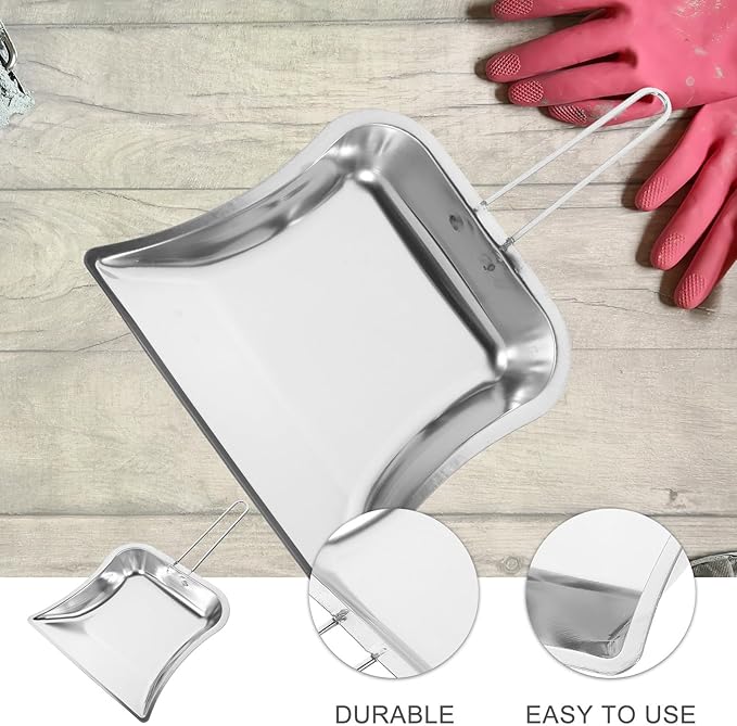 Artibetter Stainless Steel Handheld Dustpan 2pcs with Long Handles Portable Cleaning Shovel for Home Kitchen and Office Trash Collection