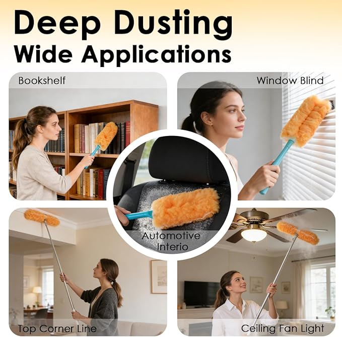 Extendable Duster Kit with 6FT Telescoping Handle & 12 PCS Duster Refills, 360° Disposable Microfiber Pads for Home Cleaning, Ceiling Fan, Blinds, Furniture (Duster Refill Only(20 PCS))