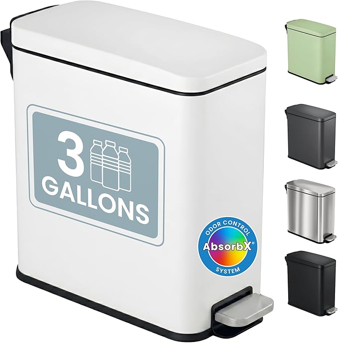 iTouchless 3 Gallon Slim Bathroom Trash Can with Lid & Odor Filter, Soft-Step Steel Pedal Bin for Narrow Spaces, Durable Metal Wastebasket for Powder Room, Nursery, & Minimalist Decor – Matte White