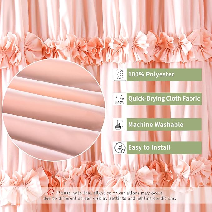 Peach Ruffle Shower Curtain, Vintage Handcrafted Bow Tie Bath Curtain for Master Bathroom, Ruched Microfiber Bathroom Curtain with 12 Buttonholes, 72" W x 84" H (LQ-10)