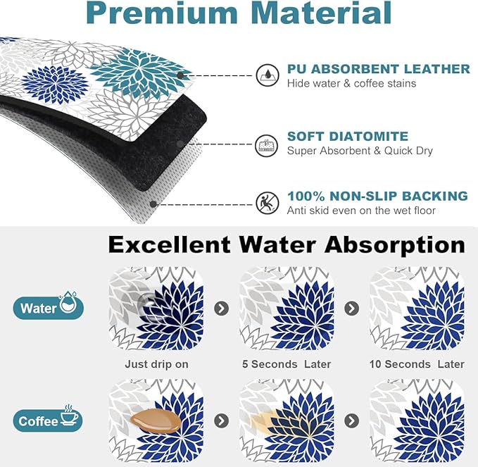 Findosom 2PCS 17" x 32" Dish Drying Mat & 24" x 5.5" Sink Splash Guard, Super Absorbent & Cuttable Dish Mat Drying Kitchen Mat with Blue Floral, Hide Stain Drying Mat for Kitchen Counter