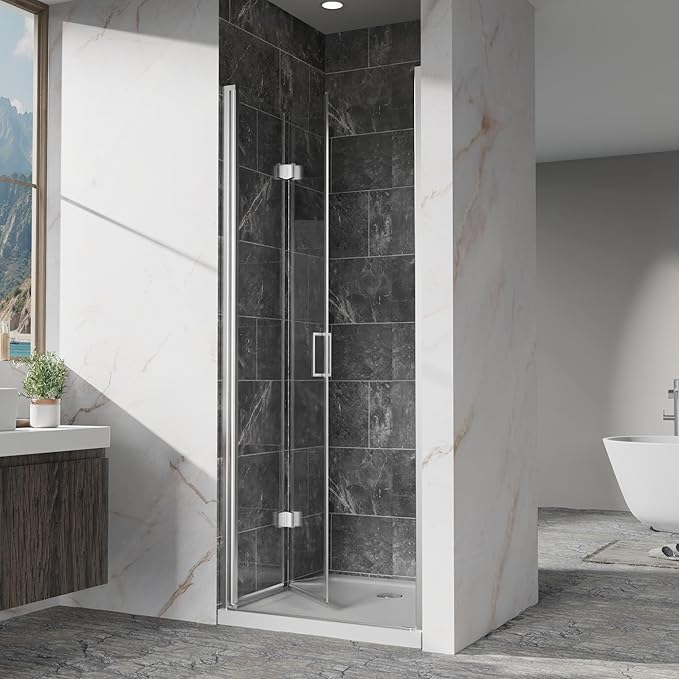 Frameless Bi-Fold Shower Door 30" W x 72" H, 1/4" Clear Tempered Glass, Folding Swing Design, Reversible Installation, Chrome Finish, Space-Saving Glass Shower Door for Small Bathrooms