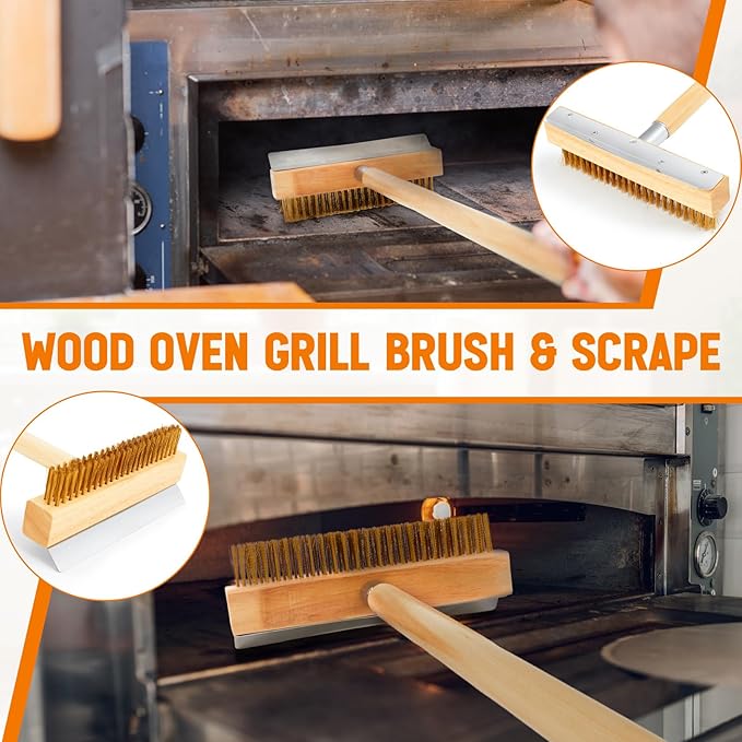 2 Pack 37 Inch Wood Handle Pizza Oven Brush with Scraper Outdoor Pizza Oven Cleaning Brush Tool, Aluminum Threaded Tip, Brass Bristles with Steel Scraper