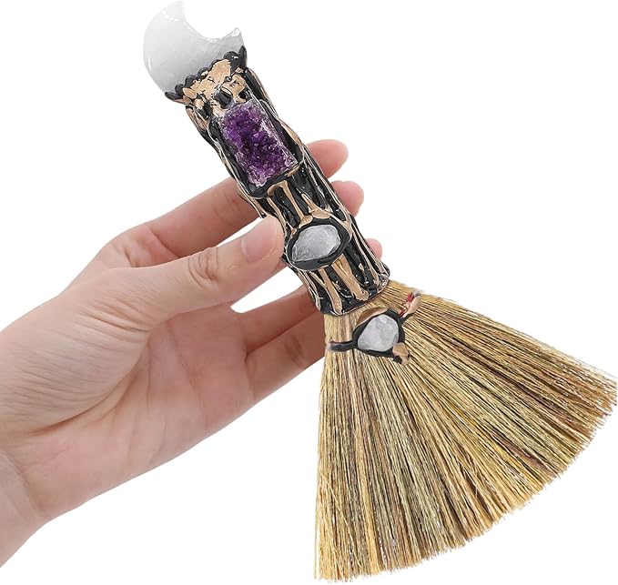 White Crystal Witch Broom - Witchcraft Supplies Mini Witches Broomstick with Amethyst Clusters Altar Supplies with Natural Healing Crystals Wiccan Supplies Prayers Meditation Therapy Decor