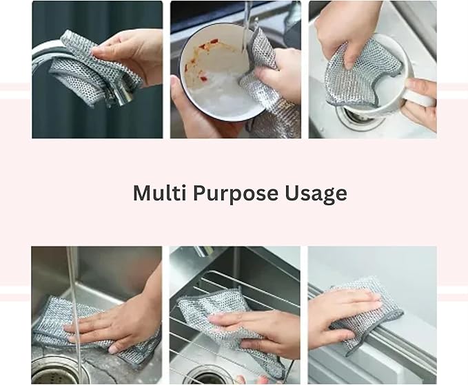Non Scratch Wire Dishwashing Rag, 8 Pack Double Layer Reusable Wire Dishcloth, Silver Mesh Metal Cleaning Cloth for Pots, Pans, Sink, Steel Cookware, Wet & Dry Cleaning
