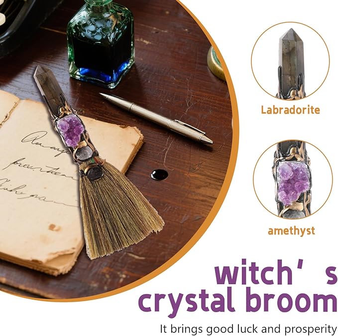 Witch Broom Witchcraft Supplies - Altar Supplies with Labradorite Wiccan Stuff Magic Broomstick with Natural Healing Crystals Hexagonal Points Pagan Reiki Energy Clearing Decor