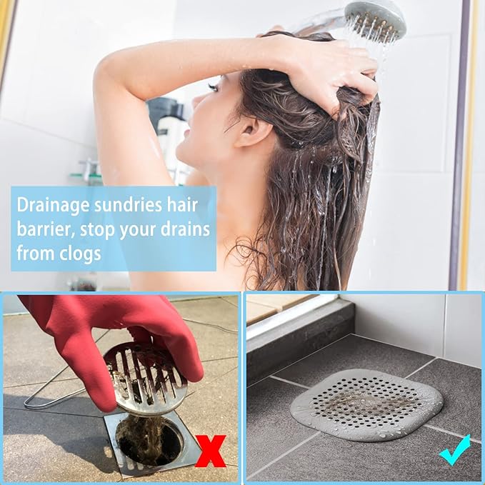 4 Pack Drain Hair Catcher Durable Silicone Hair Stopper Shower Drain Covers Easy to Install and Clean Suit for Bathroom Bathtub and Kitchen (Square White 4Pack)
