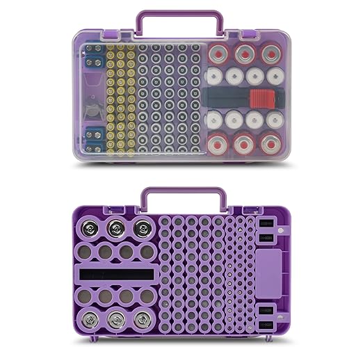 Battery Organizer Storage Case with Tester Checker. Batteries Holder Box Container for 120+ AA AAA 9V C D Lithium CR2025 CR1632 CR2032 Coin Cell Battery with Wall-Mounted Design -Purple