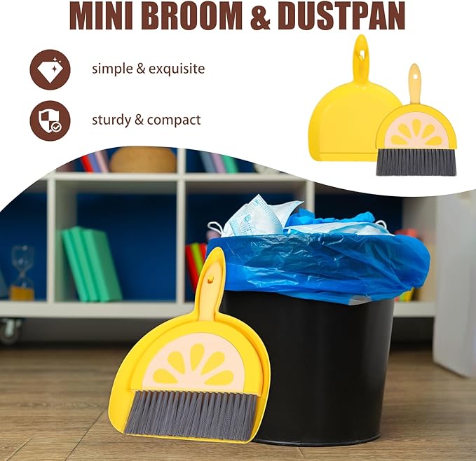 VOSAREA Small Dustpan and Brush Set, Lemon Mini Dustpan and Brush Whisk Broom and Dust Pan Set, Tiny Cleaning Broom Mini Hand Broom for Table, Desk, Keyboard Pet Nest