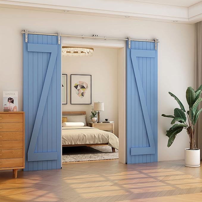 TSMST 7FT Sliding Barn Door Hardware Kit, Stainless Steel Heavy Duty Sturdy Barn Door Track for Double Wood Door, Slide Smoothly Quietly (I Style)