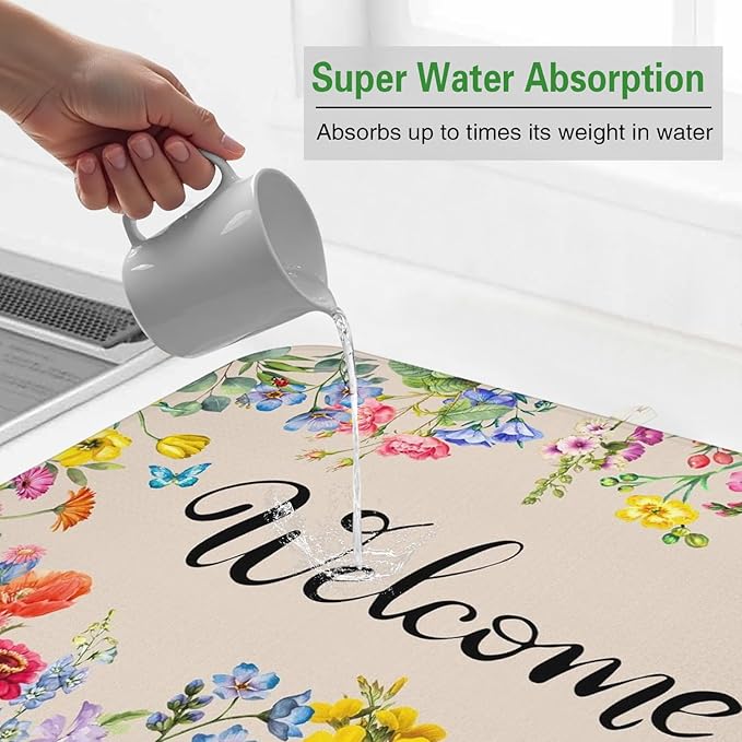 Dish Drying Mat Drainer Pads - Extra Large Microfiber Drying Mats for Dishes Spring Summer Flower Kitchen Counter Super Absorbent Pads for Draining Racks (18"x24" )