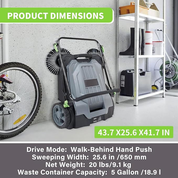 Walk-Behind Hand Push Floor Sweeper, 25.6" Sweeping Width Floor Sweeper Manual Non-Electric, 5-Gallon Waste Container, Angle & Height Adjustable Folding Handle for Walkway, Yard, Garage, Patio (25.6")