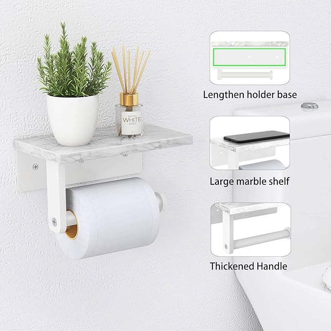 Toilet Paper Holder with Natural Marble Shelf, 304 Stainless Steel Screw Wall Mounted, Tissue Roll Paper Holder Dispenser for Bathroom Washroom White