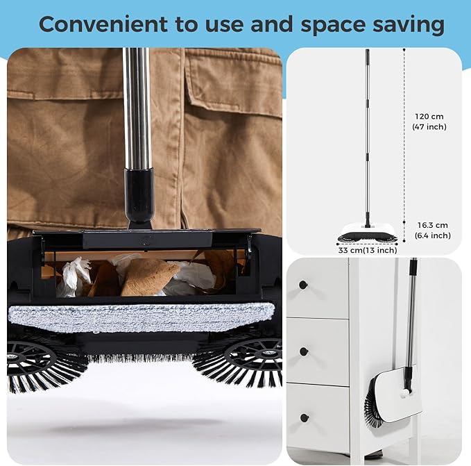 Manual Floor Sweeper Black - 7 Replacement Parts, Dry Wet Pickup for Hardwood Tile Marble, Pet Hair Small Debris Cleaner, No Power Needed, Home Office Use