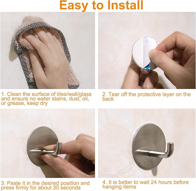 Silver Adhesive Hooks for Wall No Damage Heavy-Duty 15lb(Max) 8 Packs, Sticky Hangers for Hanging, Stainless Steel, Removable, Waterproof, Oilproof and Rustproof for Bathroom Kitchen Home
