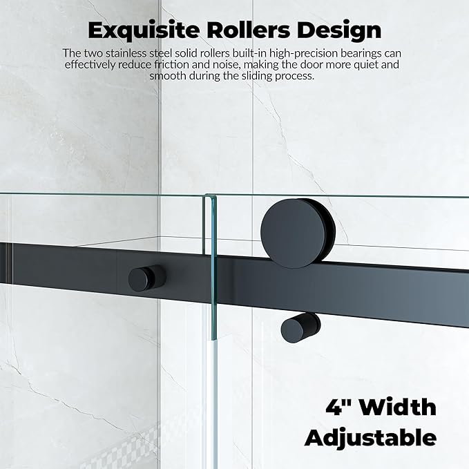44-48" W x 76" h Frameless Sliding Shower Door – Waterproof Glass Shower Door-1/4 Tempered Clear Glass with Explosion-Proof Film, Matte Black Handle & Seal Strip