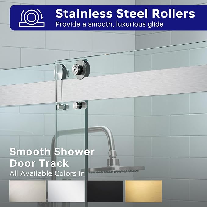 Woodbridge Frameless Bathtub Shower Doors 56-60" Width x 66" Height with 5/16"(8mm) Clear Tempered Glass, 2 Ways Opening & Double Sliding in Brushed Nickel Finish