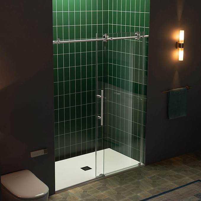 Woodbridge 57.5-60" W x 80" H Frameless Single Sliding Soft-Close Shower Door with Tempered Glass & Explosion Proof Film in Brushed Nickel Finish