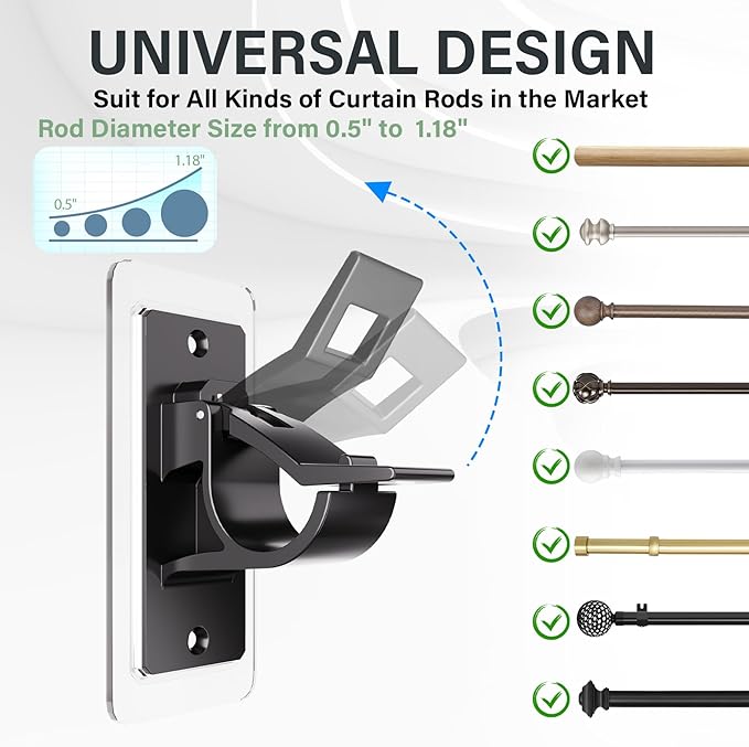 6 Pack Self Adhesive Rod Brackets, No Drill Needed Curtain Rod Holders, Nail Free Stick on Curtain Rod Hooks, Curtain Hangers for Bathroom, Bedroom, Livingroom, Hold up to 20lbs on Smooth Surface