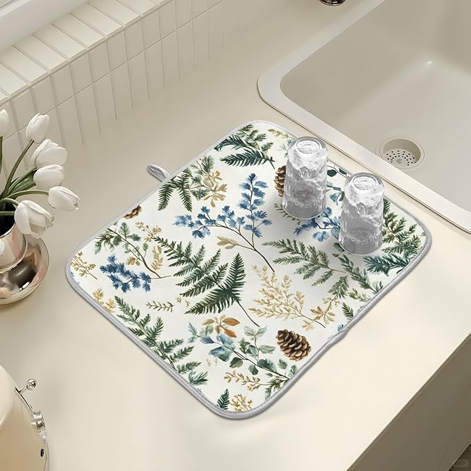 Vintage Herbs Fern Leaves Floral Plant02 Dish Drying Mat for Kitchen Counter Absorbent Microfiber Small Drying Pad Dish mats for Kitchen Countertops 16 x 18 Inch