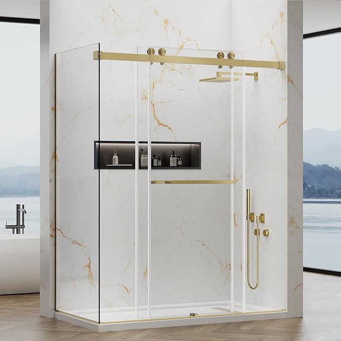 60x76 in Frameless Double Sliding Shower Door with 32x76 in Side Panel, Nano Glass, 304 Stainless Steel in Brushed Gold, L-Shape Design, Reversible Install