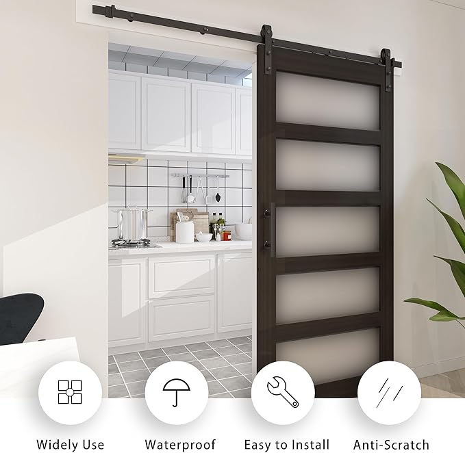 BARNSMITH 36in x 84in Glass Barn Door with 6.6FT Sliding Door Hardware Kit Included & Handle,5-Panel Frosted Glass Solid Wood Slab with Water-Proof PVC Surface,Pre-Drilled Easy Assembly,Brown