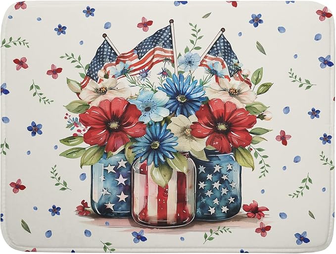 Giwawa American Patriotic Floral Dish Drying Mat Flower Vase Drainer Rack Mats 18"x24" Absorbent Microfiber Dish Dry Pad for Kitchen Counter Sink
