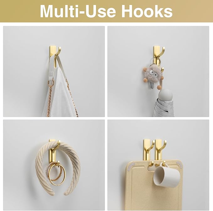 niffgaff Wall Hooks for Coat and Towel: 13lb Adhesive Door Hanger Stick On, Sticky Hook for Wall, Closet, Bathroom - Stainless Steel, Brushed Gold, 4 Pack