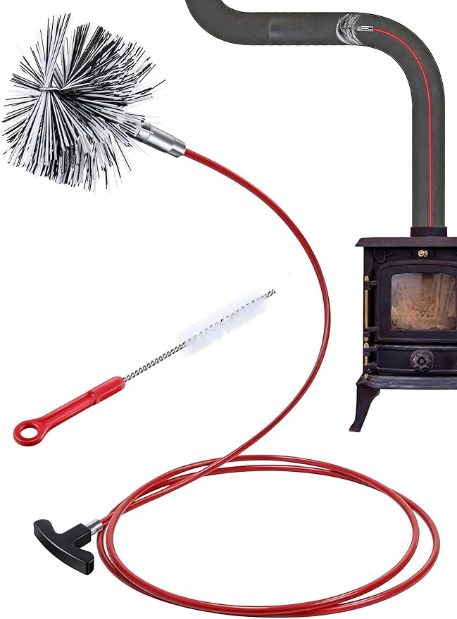 Feekoon Pellet Stove Cleaning Kit, 10 FT Flexible Steel Rod with 4" Brush Head, Flue Detail Cleaner, Pellet Stove Accessories for Vent Pipes Cleaning - Reduce Buildup & Improve Airflow