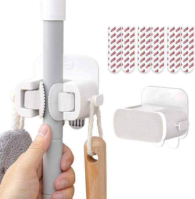 TAILI Mop and Broom Holder Wall Mount Grippers, 2 Hangers and 6 Adhesive Strips, Damage Free Hanging Wall Mount, Household Cleaning Organizer for Organization and Storage, Holds up to 4 lbs, White