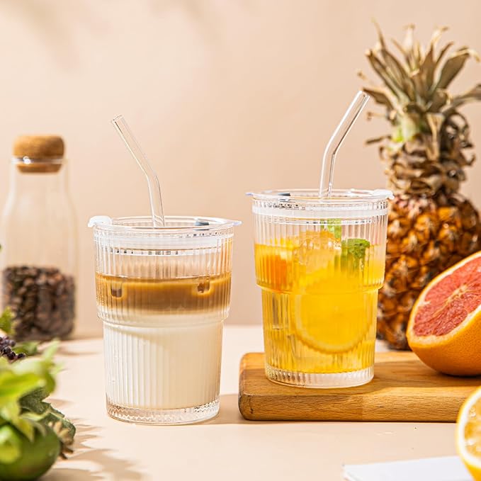 13oz Glass Tumblers with Lids and Straws, Set of 2 - Stylish Ribbed Design Drinking Glasses for Iced Coffee, Juice, Smoothies, Cold Beverages, Includes Cleaning Brush, Durable Glassware